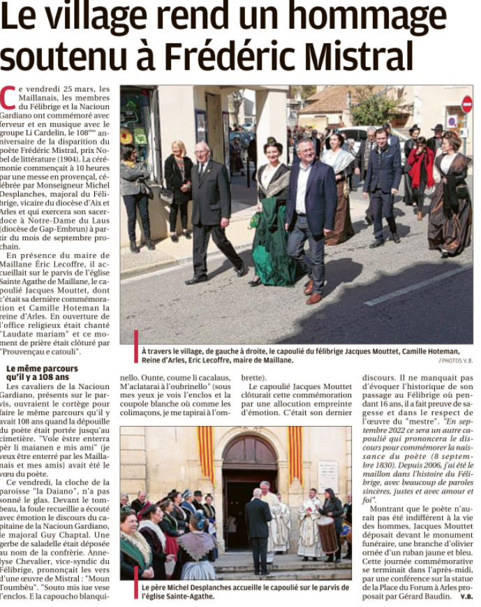 article de presse des 108ème commémoration de la mort de F.Mistral